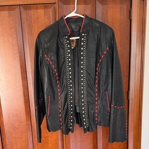 Black Leather Jacket with Red Contrast Stitching and Stud Detail